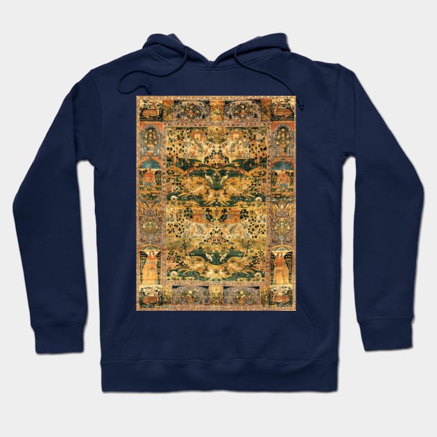 ANIMALS AND HUMAN FIGURES WITH FLOWERS Flemish Style Persian Tapestry ,Yellow Green Blue Floral Hoodie by BulganLumini